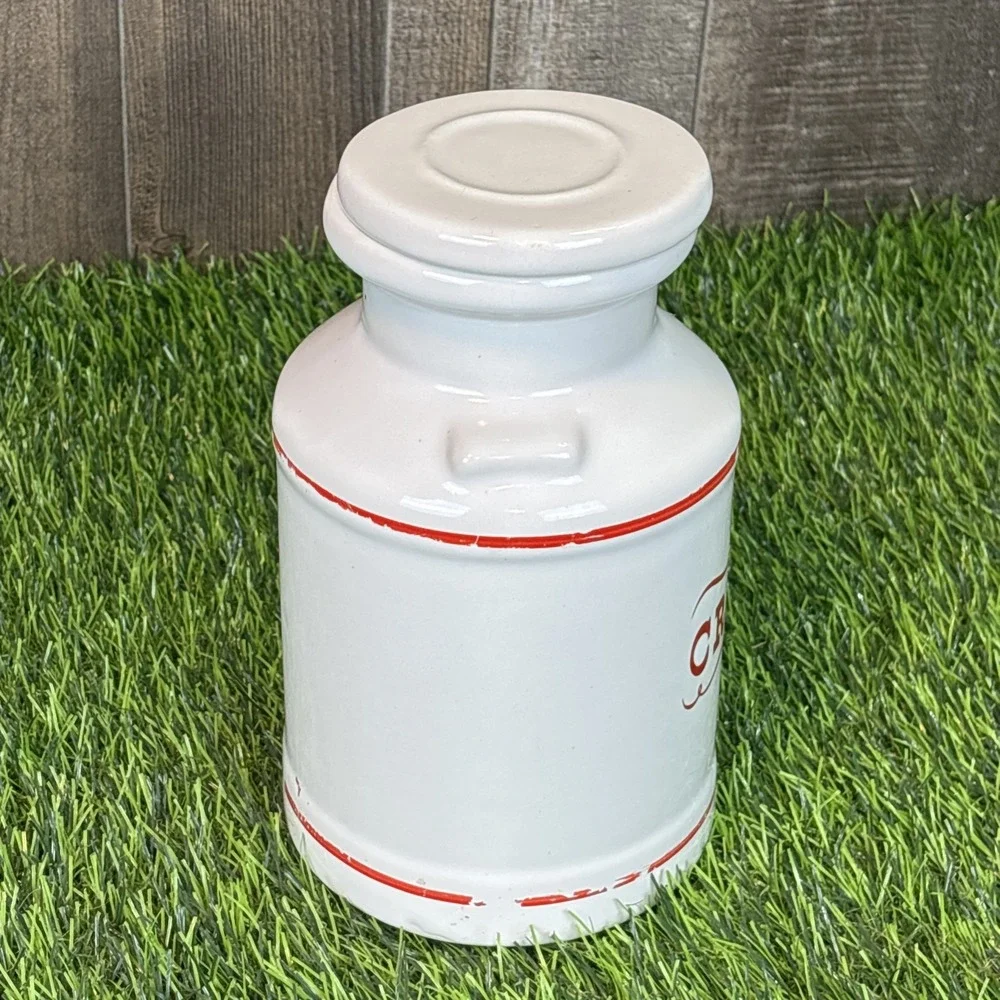 Vintage White‎ Ceramic Cream Canister Jar w Lid Red Lettering Farmhouse